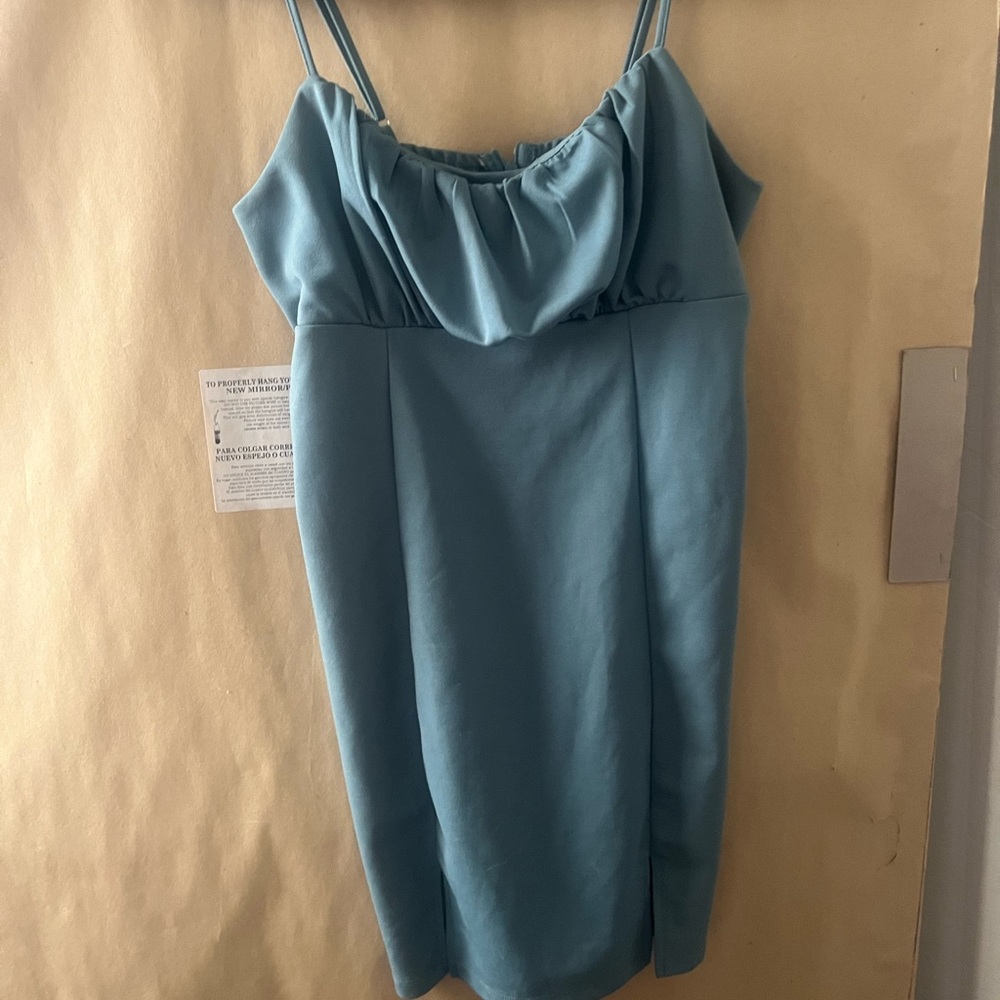 Satin Teal Spaghetti Strap Dress with Draped Neckline